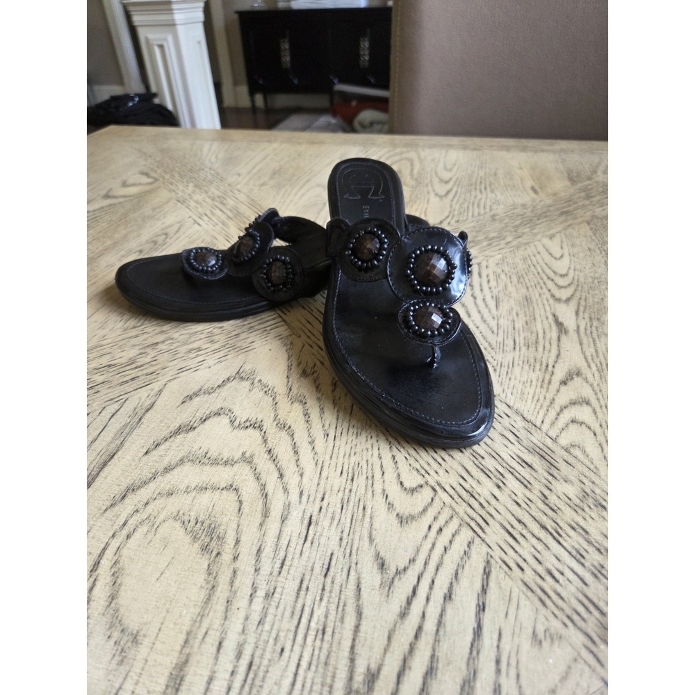 Vintage Etienne Aigner Sandals Leather Flat Thongs Brown Size 8.5 Black Jewels